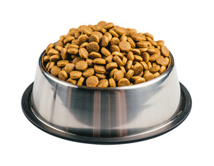 Full stainless steel bowl overflowing with dry brown kibble dog food isolated on transparent background