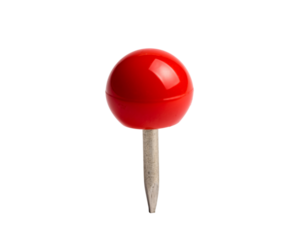 Closeup of a single shiny red push pin with a sharp metal point isolated on transparent background