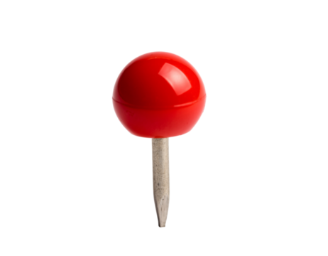 Closeup of a single shiny red push pin with a sharp metal point isolated on transparent background