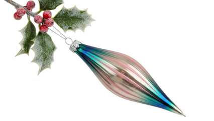 Isolated long teal and pink Christmas ornament with holly berry, holiday decor, traditional