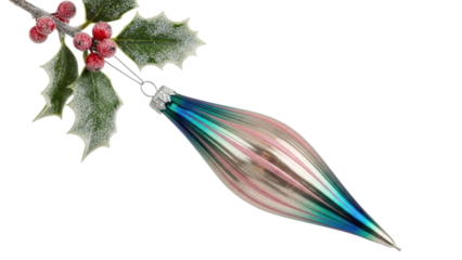 Isolated long teal and pink Christmas ornament with holly berry, holiday decor, traditional