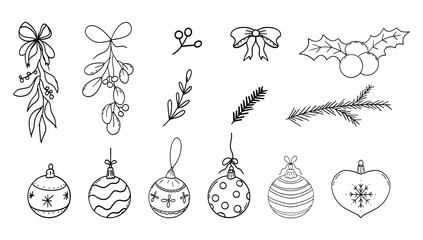 Christmas ball, isolated baubles with ornaments doodle set. Festive bows, mistletoe crayon or chalk drawing, sketch.