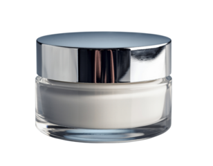 Cosmetic cream in clear glass jar with shiny silver lid isolated on transparent background