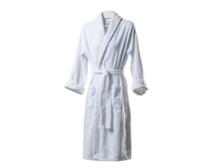 White terry cloth bathrobe with shawl collar and tie belt hanging isolated on transparent background