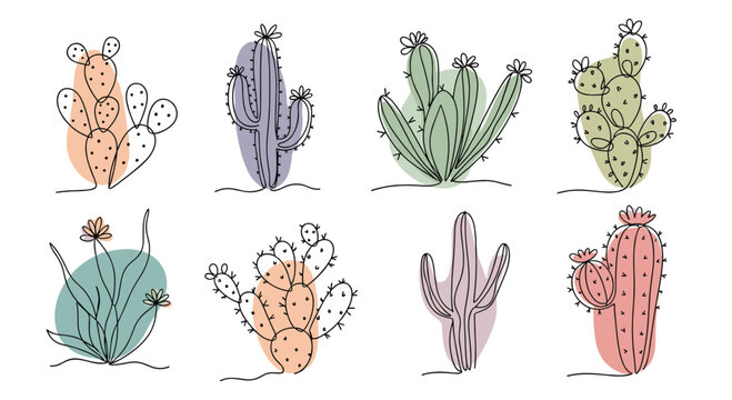 Collection of eight different cacti illustrations drawn in a continuous line style with abstract pastel color shapes for decor.