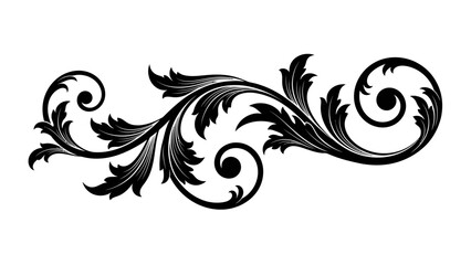 A black ornamental flourish with swirling leaves and curls on a white background.