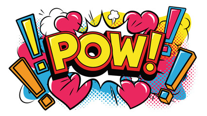 A vibrant comic book style illustration featuring the word "POW!" in bold yellow letters with a red outline, surrounded by colorful abstract shapes, hearts, and exclamation marks.