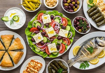 Abundant mediterranean feast with fresh salad and grilled fish