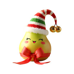 Cute christmas pear character with elf hat, jingle bells, and red ribbon bow isolated on a transparent background