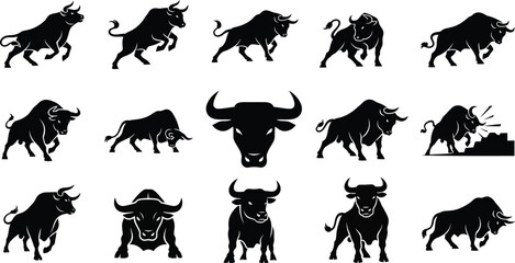 Naklejka premium Set of black bull silhouettes in various poses on white background