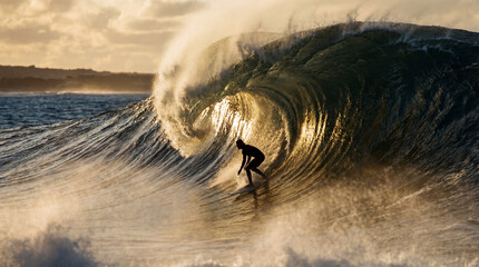 Silhouetted surfer riding inside a large curling wave tunnel.