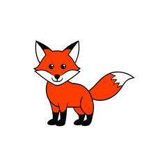 Fototapeta premium Orange cartoon fox with white face and tail tip and navy blue extremities on white