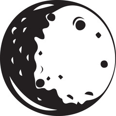 Stylized black and white illustration of a planet with craters