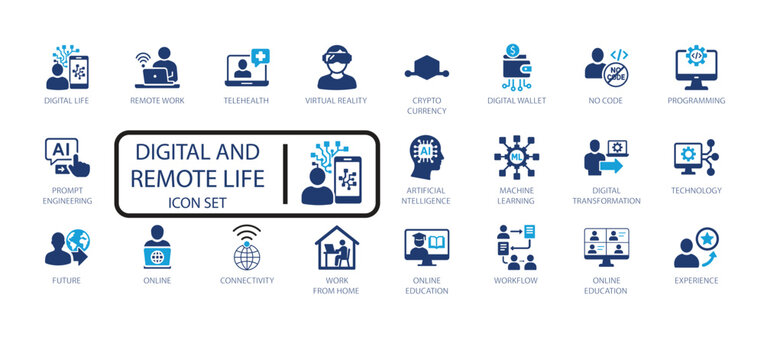 Digital life, remote work, AI, and connectivity vector icon set. Featuring technology, machine learning, digital transformation, and online education graphics.