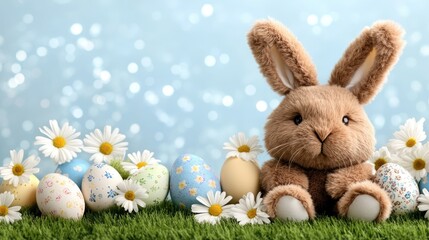 Cute bunny surrounded by colorful eggs and daisies on a bright spring day in a festive Easter display