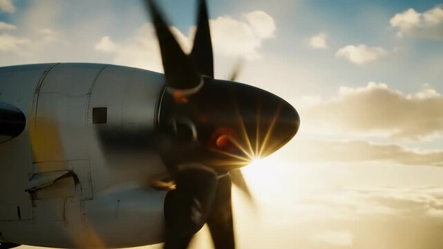 A close-up view of a propeller and the plane's exterior. Bright sun and sky