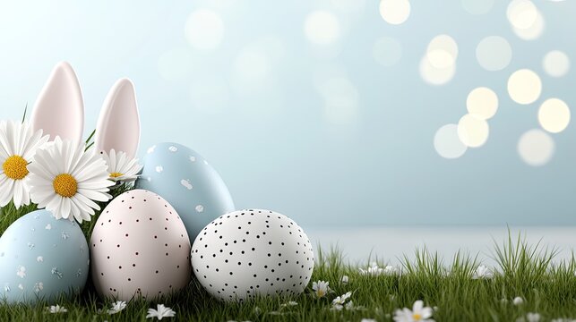 Colorful decorated eggs and spring flowers create a festive atmosphere for Easter celebrations in a bright, cheerful setting