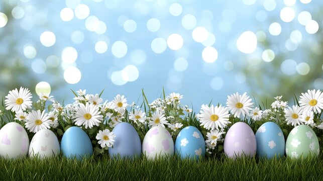 Colorful Easter eggs arranged among white daisies and green grass with a blurred blue background capturing the festive spirit of springtime