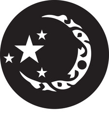 Stylized crescent moon and multiple stars in a circular frame