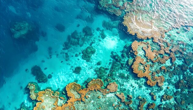 Aerial view of a vibrant coral reef, perfect for a dream holiday in crystal-clear waters - Powered by Adobe