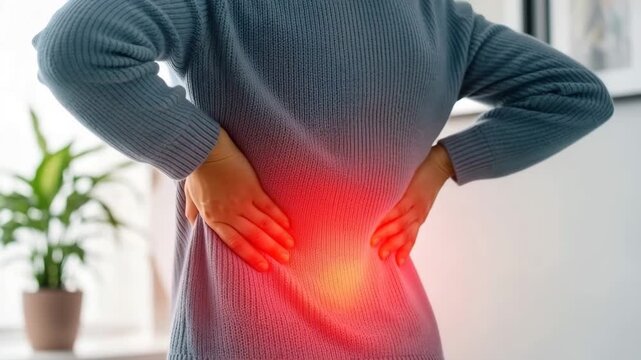 Person experiencing lower back pain with glowing red inflammation