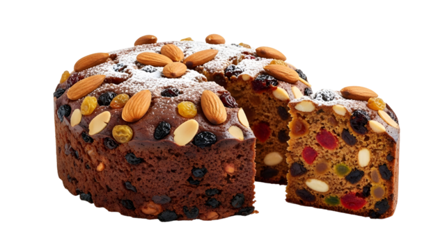 Fruit and nut Christmas cake slice isolated on transparent background