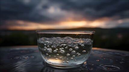 A glass bowl filled with bubbling liquid reflects a dramatic twilight sky