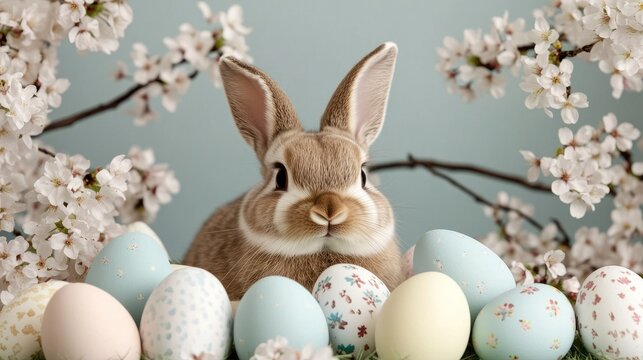 Cute rabbit surrounded by colorful Easter eggs and blooming flowers in a pastel setting for a joyful spring celebration