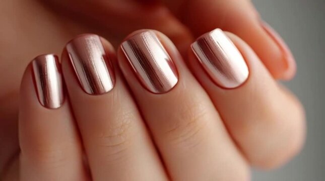 Close-up shot of a hand with perfectly manicured nails featuring a shiny rose-gold chrome finish.  metallic polish reflects light beautifully, highlighting the smooth, glossy texture