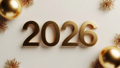 Golden 2026 with Festive Ornaments on a Cream Background