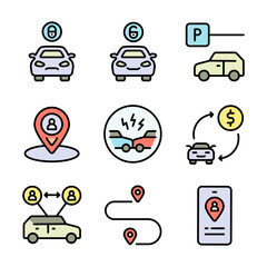 Car Sharing icons set includes driver, dealing, checking, license, app, sell route. Related car rent, repair, transport, and travel. Color symbols vector collection