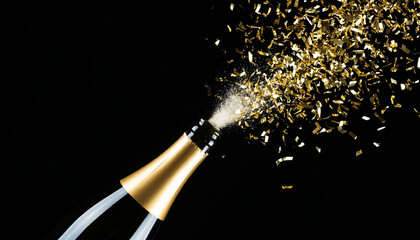 Champagne explosion with golden confetti on black background. 3D illustration