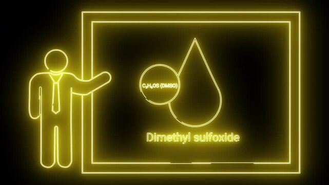Yellow neon art depicts a person presenting Dimethyl sulfoxide with its formula