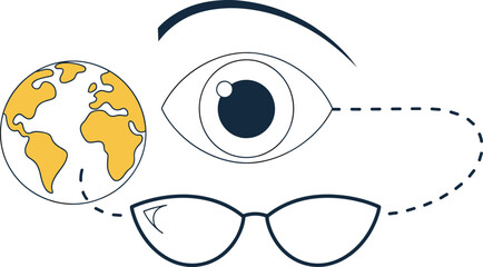 Minimalist global vision illustration, eye and eyeglasses concept, world observation design, travel insight artwork, modern line art graphic style