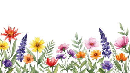Watercolor wildflower border isolated on transparent background
