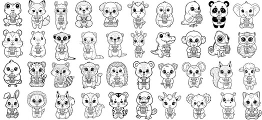 Obraz premium A captivating assembly of whimsical animal illustrations in a charming, black and white outline style, perfect for children's projects, educational materials. vector illustration