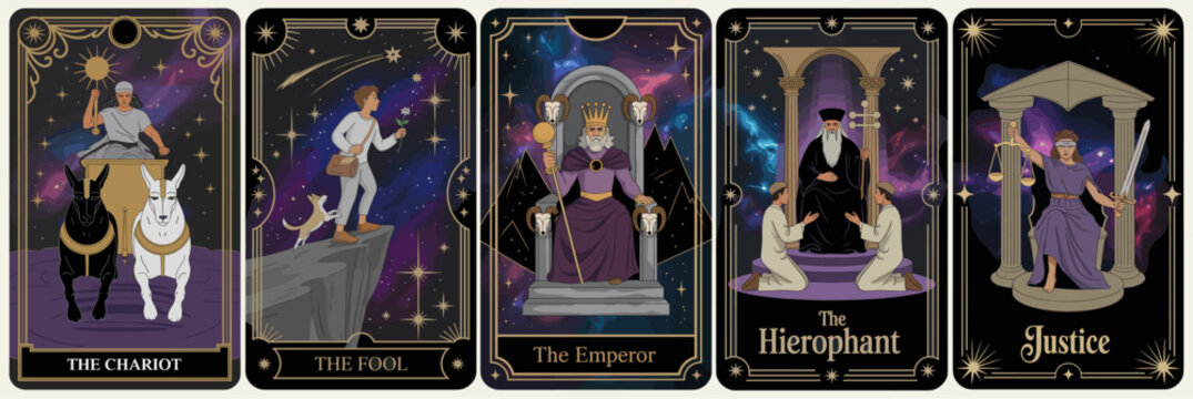 Set of detailed tarot cards with ornate black and gold borders, cosmic purple-blue backgrounds. Includes The Chariot, The Fool, The Emperor, The Hierophant, Justice in elegant mystical style