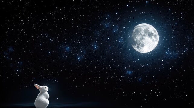 The white rabbit stares intently at the luminous full moon illuminating the night sky, surrounded by countless twinkling stars