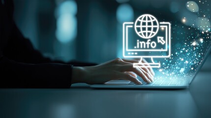 Professional typing on laptop with glowing digital icon (computer, globe, .info domain) representing online information access, global web service, digital data retrieval