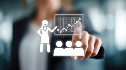 Business professional interacting with digital icon (female presenter, growth chart, audience) representing business presentation, data analysis, team briefing, performance growth