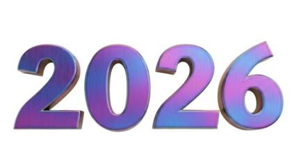 Isolated Metallic iridescent rendering of the date 2026, indicating the year two thousand twenty-six