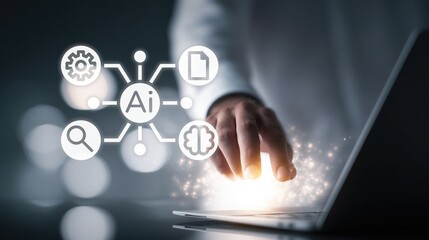 Professional interacting with glowing AI icon connected to symbols (gear, document, search, brain) representing artificial intelligence integration, tech innovation, data processing, and smart tool 