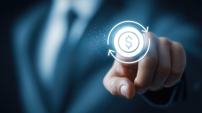 Business professional tapping a glowing digital icon (dollar sign with circular arrows) representing financial cycle, money flow, investment, revenue, and economic transaction in a modern corporate fi