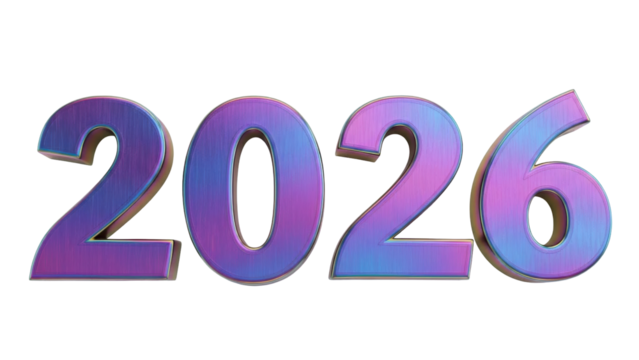 Isolated Metallic iridescent rendering of the date 2026, indicating the year two thousand twenty-six