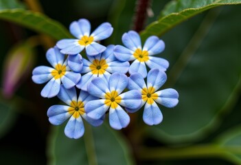 Fototapeta premium Close-up of Vibrant Blue and Yellow Petaled Flowers Set Against Dark Green Foliage in Lush Natural Environment