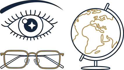 Minimalist line art illustration of eye, eyeglasses, and world globe, symbolizing vision, travel, exploration, learning, global perspective, creativity