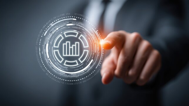 Professional tapping futuristic digital interface (bar chart in circular tech display) representing data analytics, business metrics, performance tracking, digital reporting, and tech-driven decision