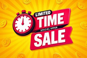 Limited time sale special offer with stopwatch clock on bright yellow sunburst background