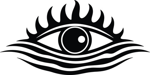 Mystical eye logo with flame design and wave elements, abstract black and white symbol for branding, spirituality, vision, creativity
