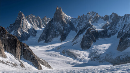 Breathtaking alpine landscape with towering snow-capped peaks, deep valleys, and expansive glaciers beneath a clear blue sky.
